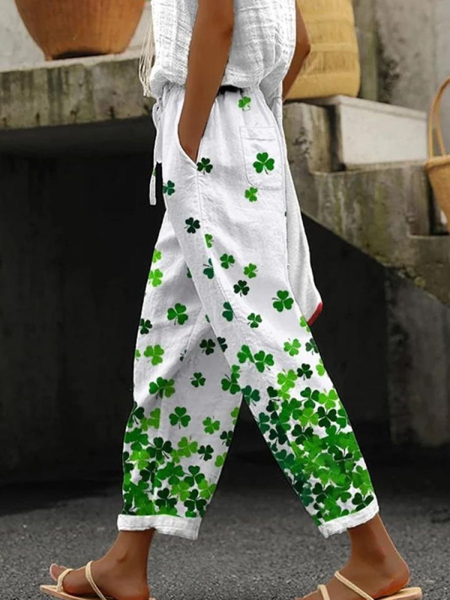 Bottoms zolucky | Loose Four-Leaf Clover Casual Pants White-Green