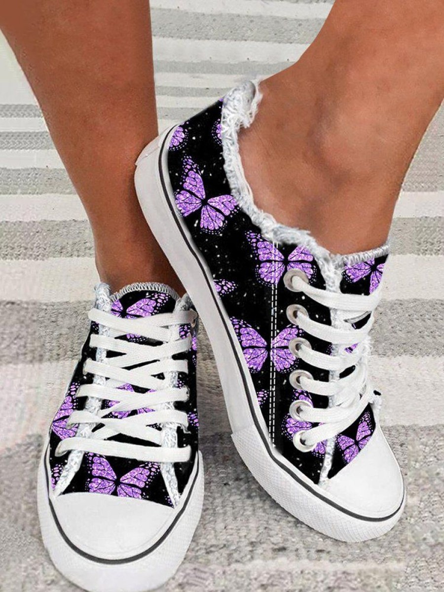 Shoes zolucky | Butterfly Pattern Casual Lace-Up Canvas Shoes Purple