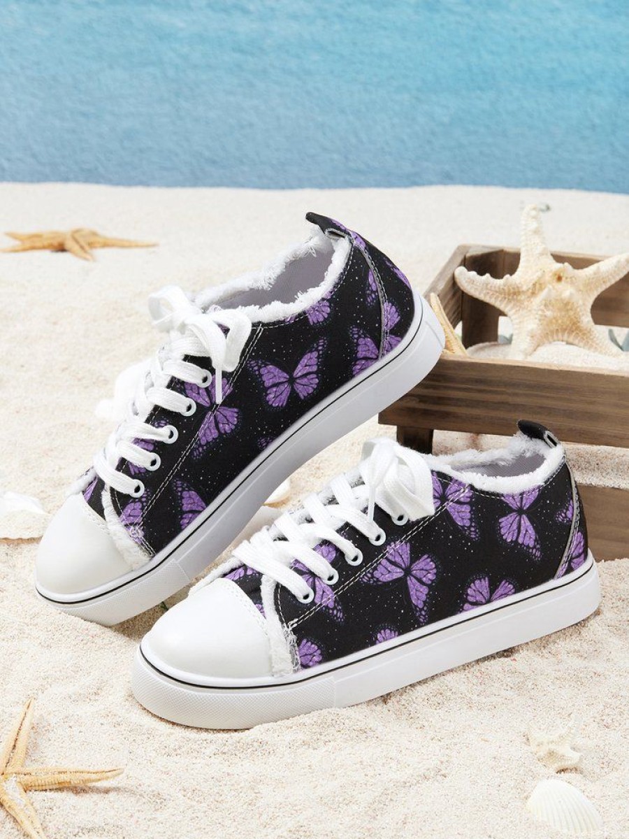 Shoes zolucky | Butterfly Pattern Casual Lace-Up Canvas Shoes Purple