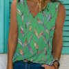 Topshot zolucky | Leaves Sleeveless Printed Cotton-Blend V Neck Holiday Summer Top Green