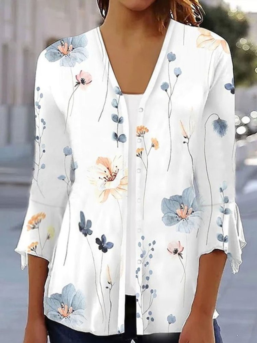 Outerwearshot zolucky | Casual Floral Printed Loose 3/4 Sleeve Kimono With Buttons