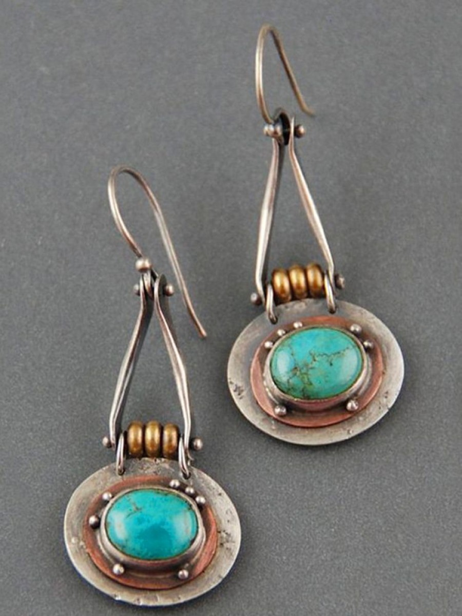 Accessories zolucky | Ethnic Oval Turquoise Two-Tone Earrings Silver