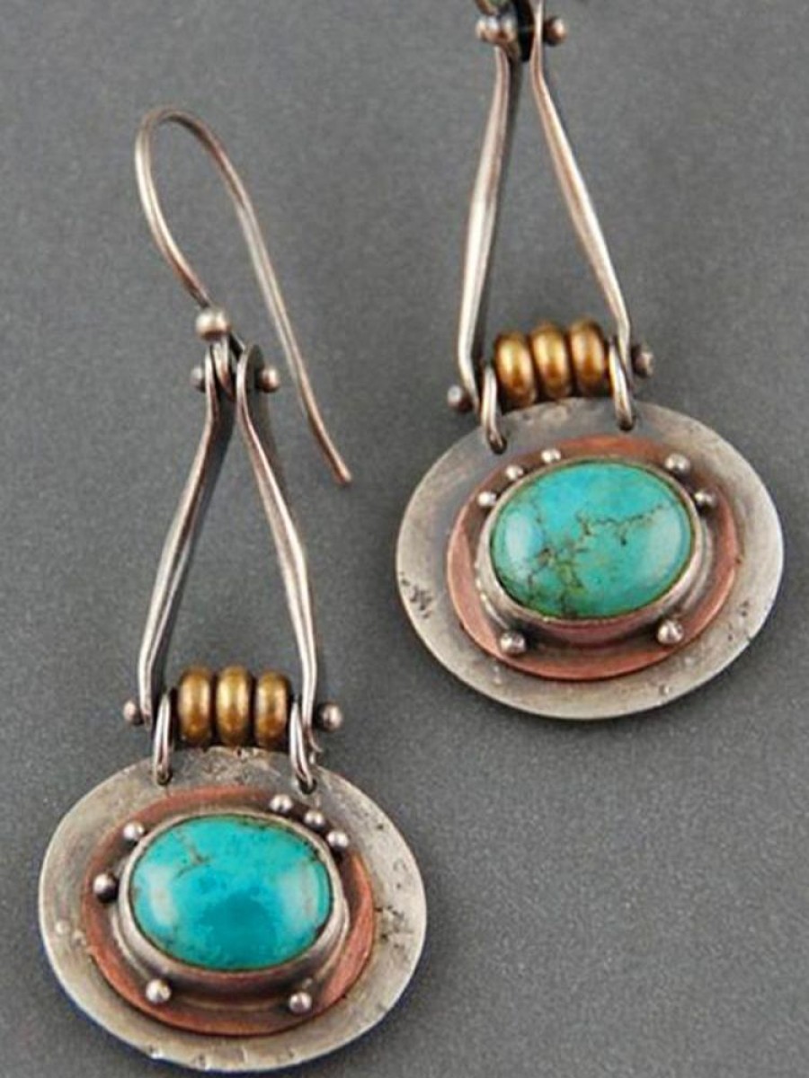 Accessories zolucky | Ethnic Oval Turquoise Two-Tone Earrings Silver