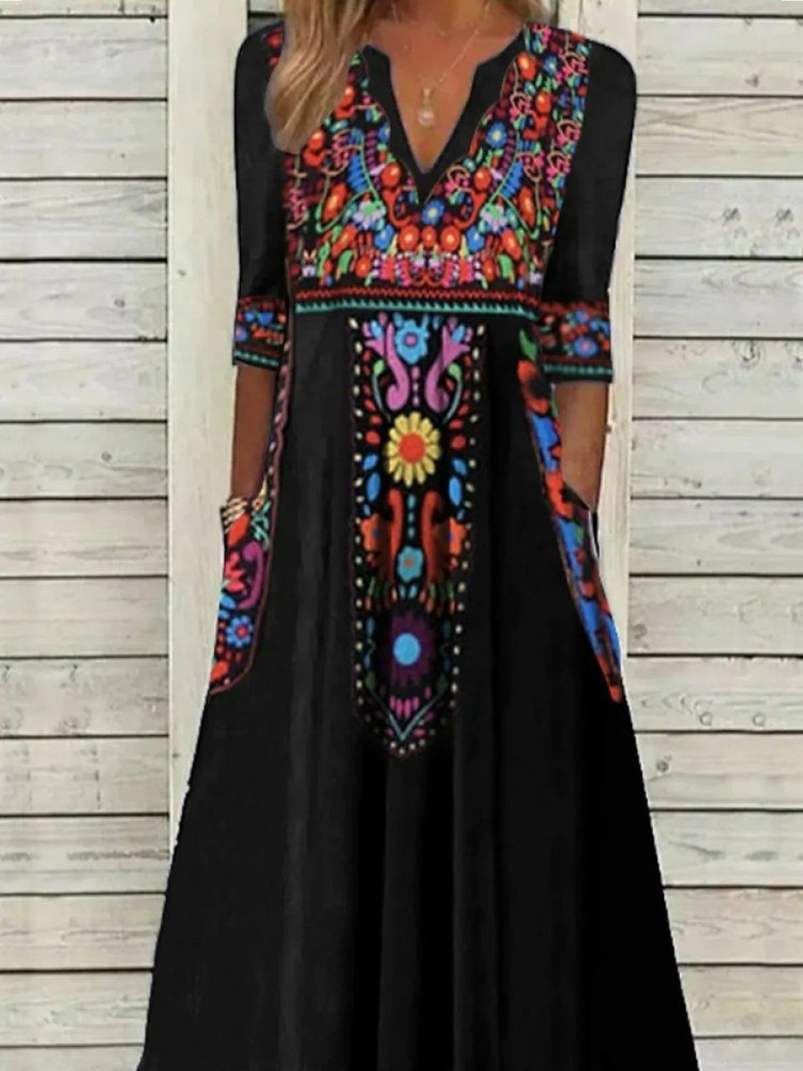 Dresses zolucky | V Neck Boho Regular Fit Dress Black