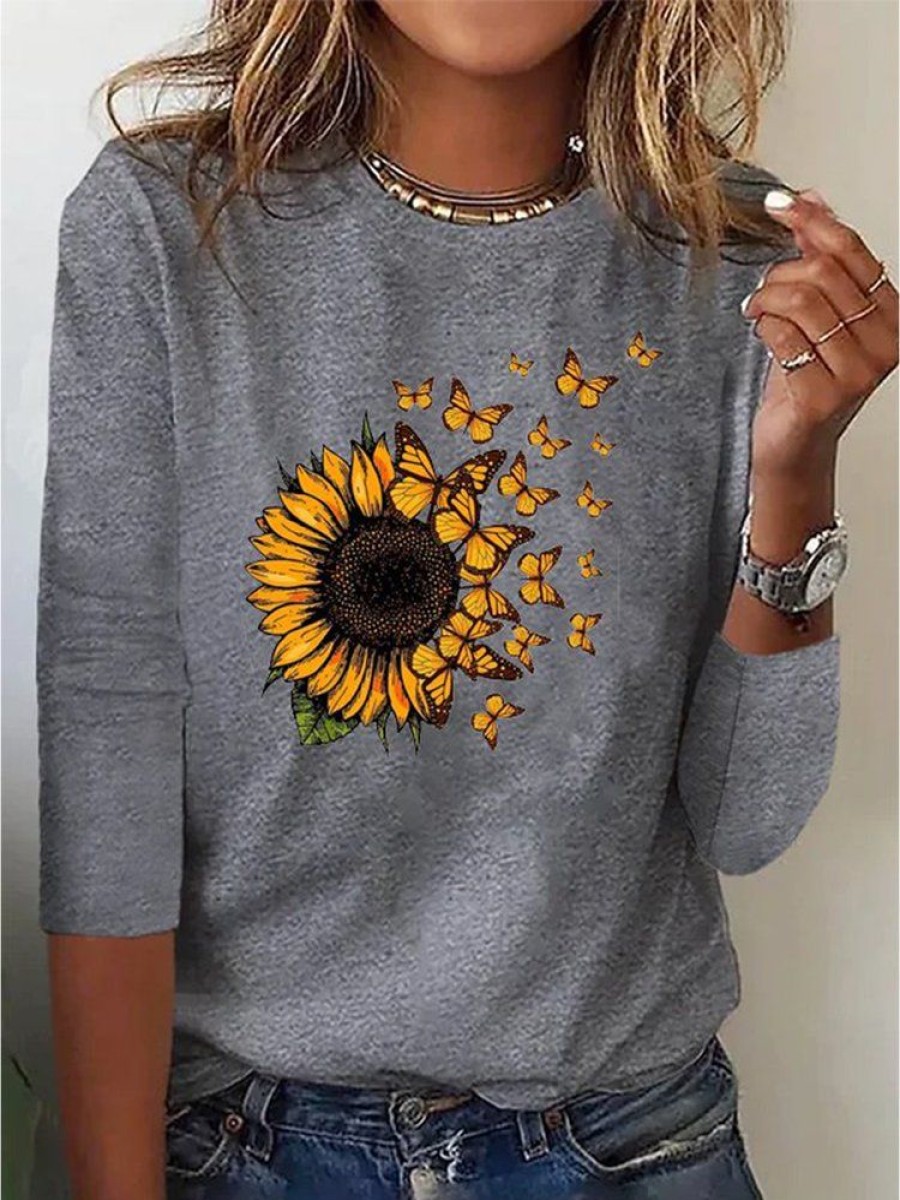 Plus&Curve zolucky | Plus Size Sunflower Long Sleeve Crew Neck T-Shirt Gray