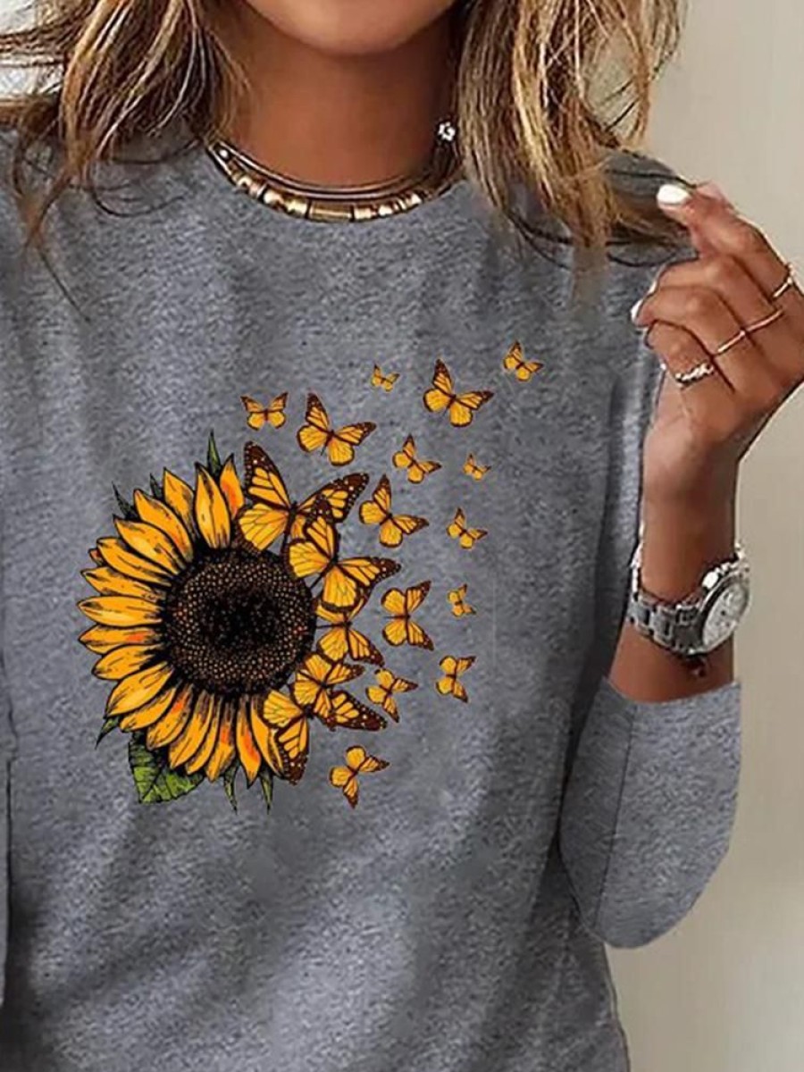 Plus&Curve zolucky | Plus Size Sunflower Long Sleeve Crew Neck T-Shirt Gray