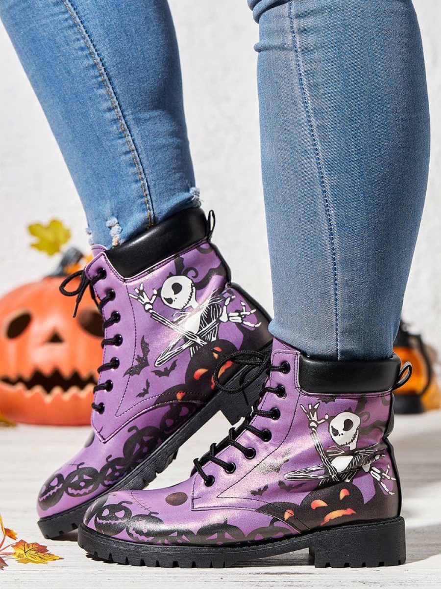 Shoes zolucky | Halloween Street All Season Skull Printing Low Heel Best Sell Pu Rubber Lace-Up Boots For Women Purple