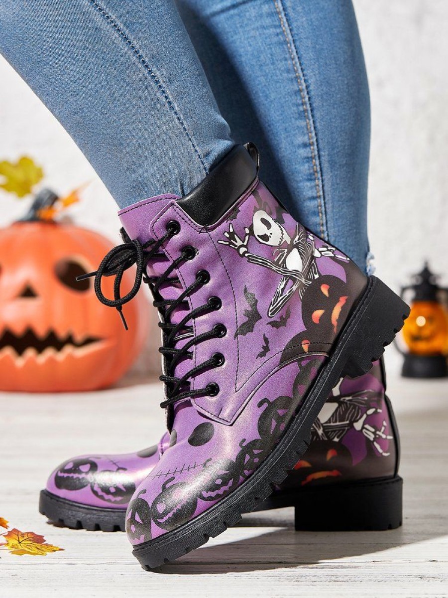 Shoes zolucky | Halloween Street All Season Skull Printing Low Heel Best Sell Pu Rubber Lace-Up Boots For Women Purple