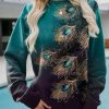 Topshot zolucky | Peacock Feather Pattern Casual Crew Neck Long Sleeve Sweatshirt Green