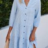 Dresses zolucky | Plaid Buckle Stand Collar Casual Tunic Dress Blue