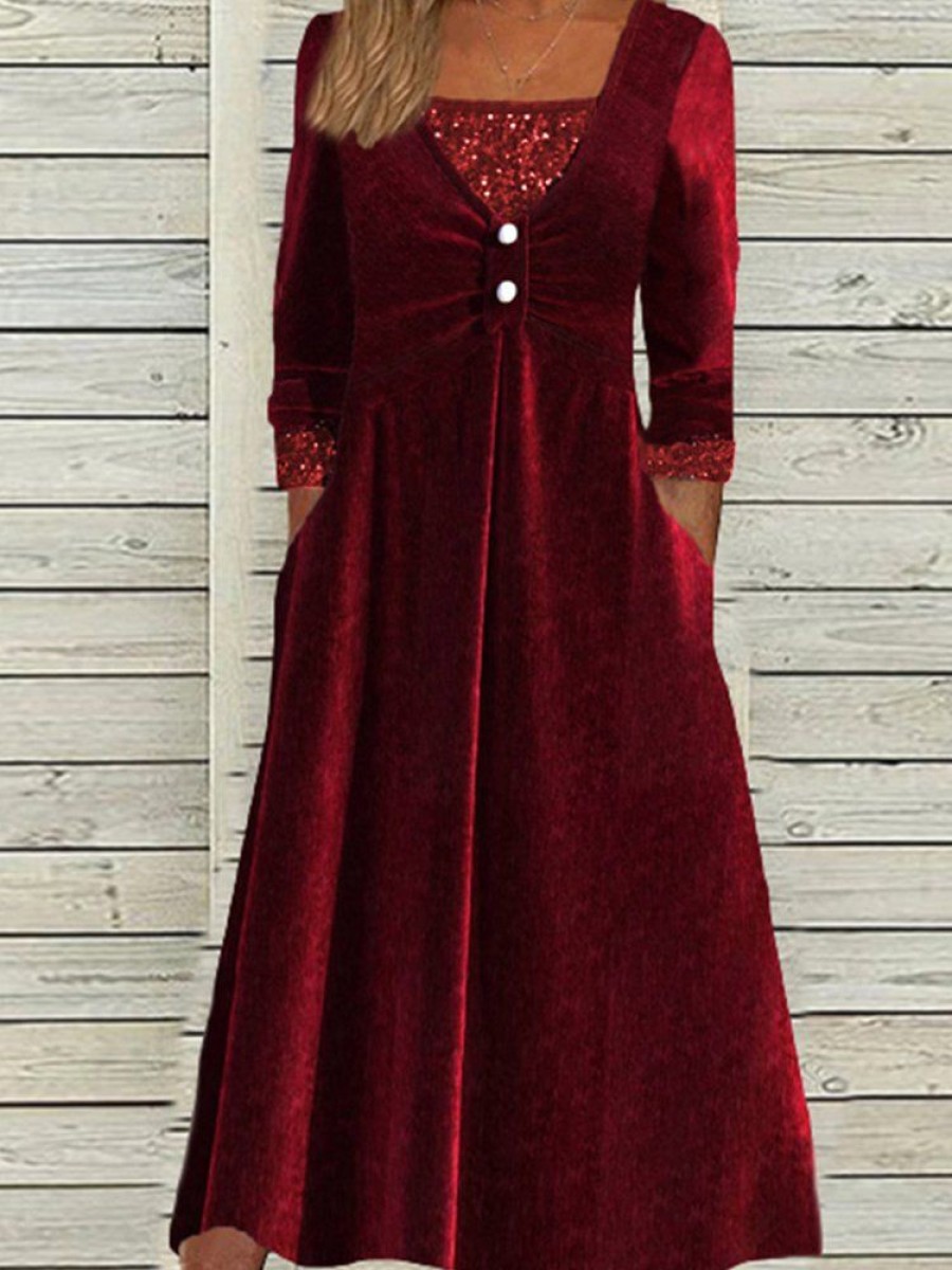 Dresses zolucky | Christmas Crew Neck Velvet Loose Casual Dress Red