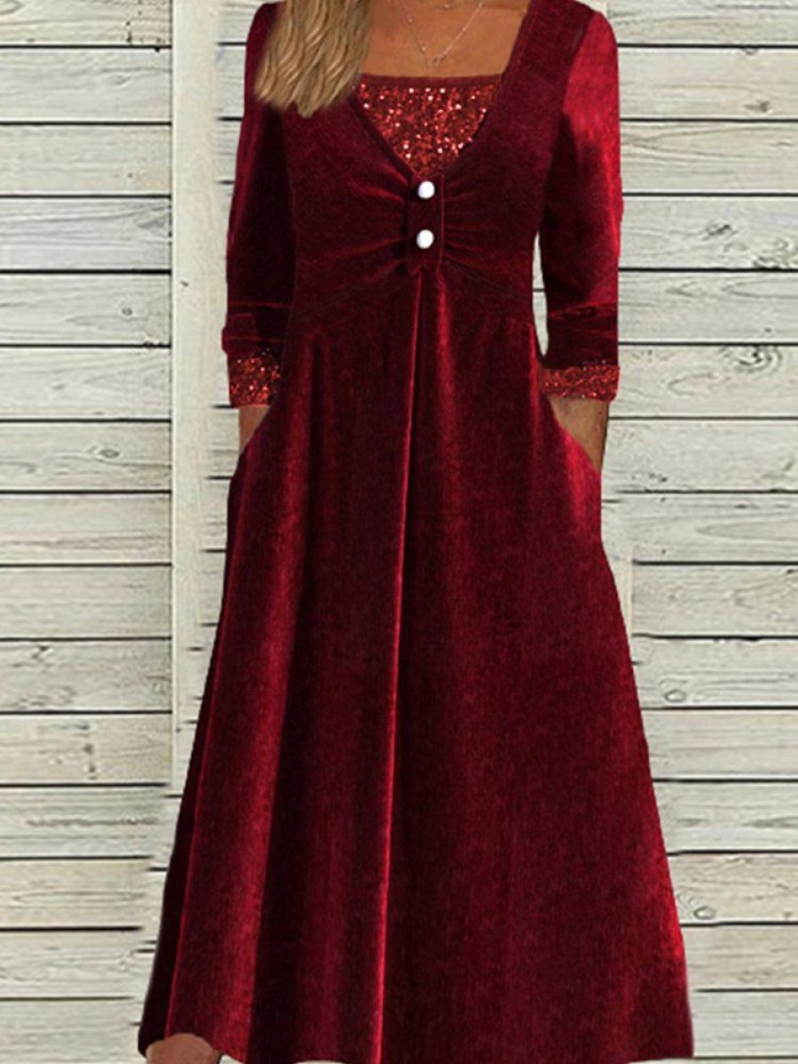 Dresses zolucky | Christmas Crew Neck Velvet Loose Casual Dress Red