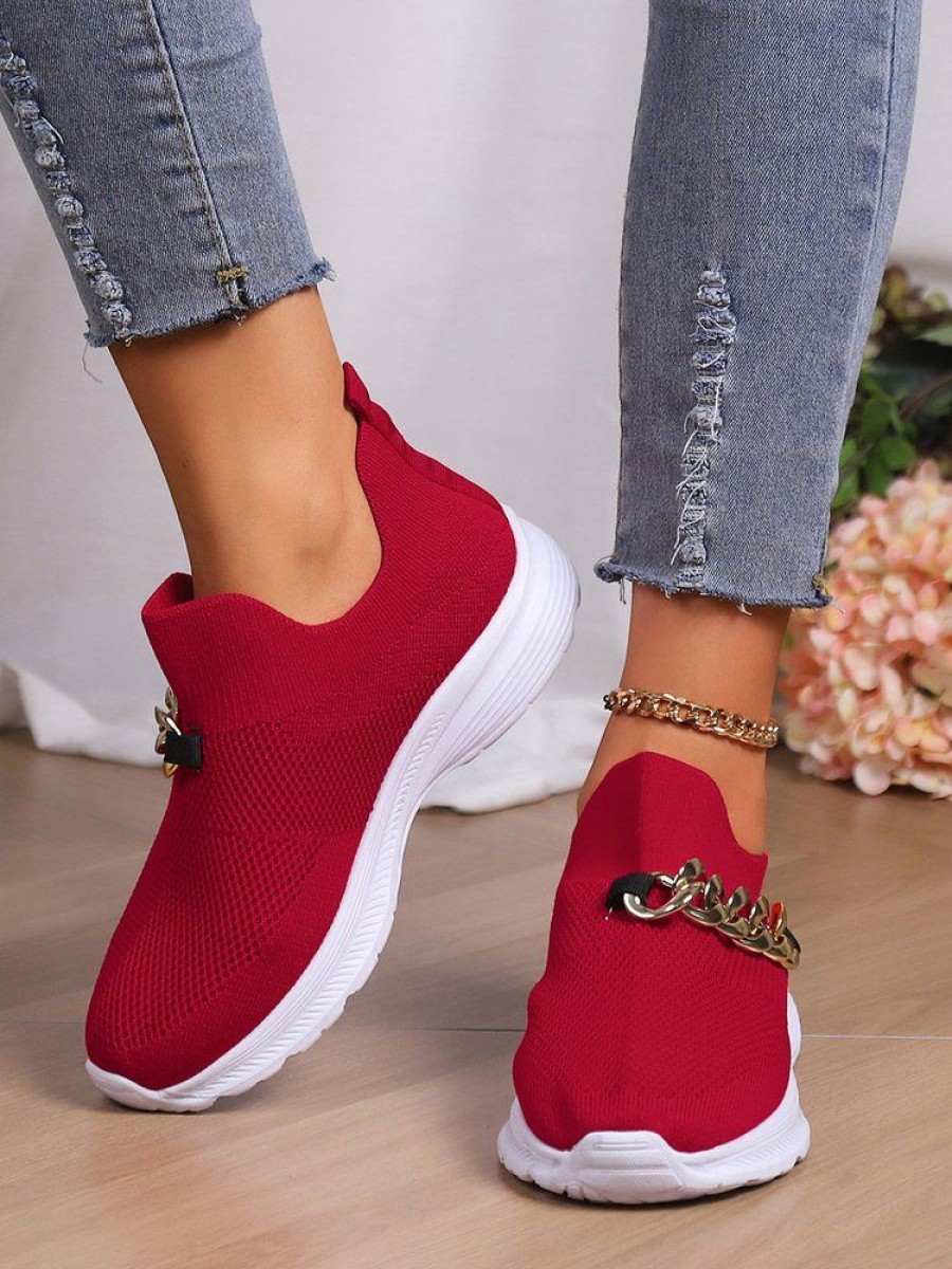 Shoes zolucky | Women Chain Decor Slip On High-Elastic Flyknit Sneakers