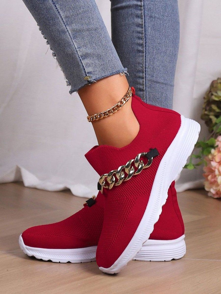 Shoes zolucky | Women Chain Decor Slip On High-Elastic Flyknit Sneakers