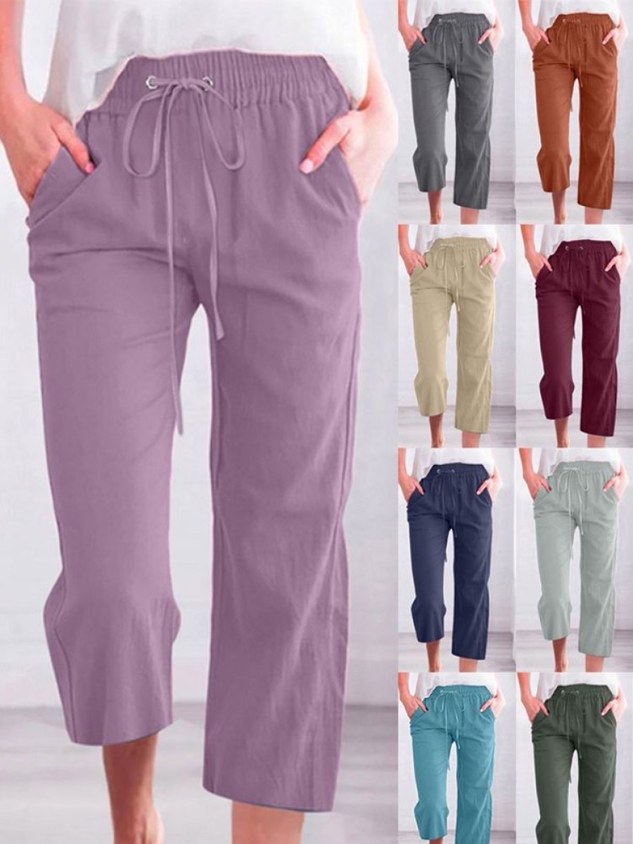 Bottoms zolucky | Women'S Casual Summer Linen Pants High Waisted Loose Yoga Sweatpants Crop Pants With Pockets