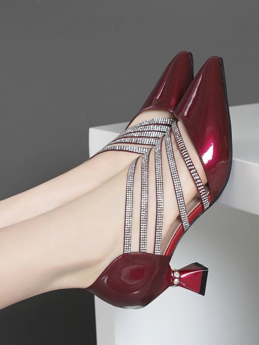 Shoes zolucky | Rhinestone Band Pu Patent Leather Wine Glass Heeled D'Orsay Pumps Wine Red