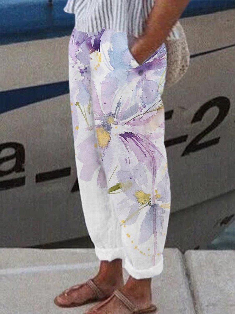 Plus&Curve zolucky | Casual Polyester Gradient Floral Loose Pants Light Purple