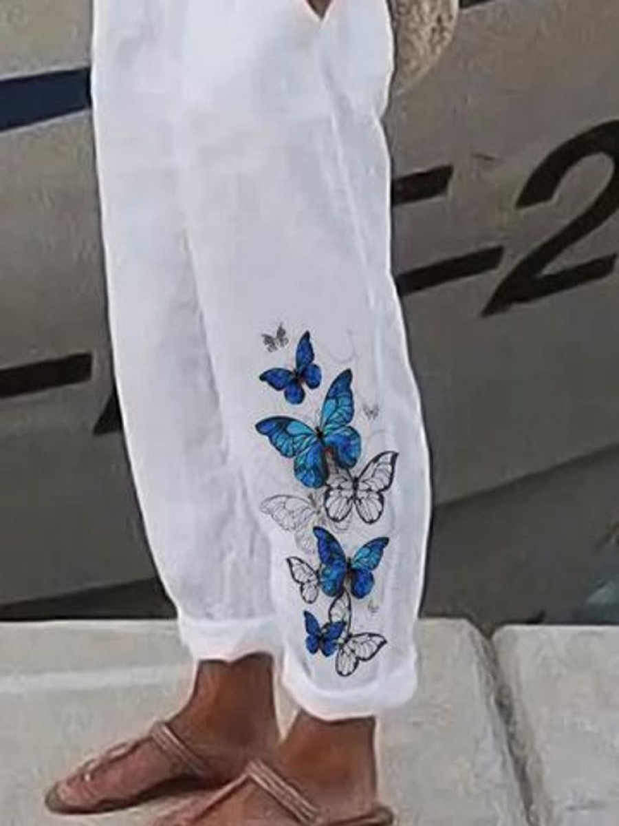 Bottoms zolucky | Butterfly Printed Casual Pants White