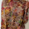 Topshot zolucky | Women'S Vintage Floral Print Casual Crew Neck H-Line Long Sleeve Shirt