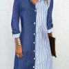 Dresses zolucky | Casual Striped Buckle Loose Dress Blue