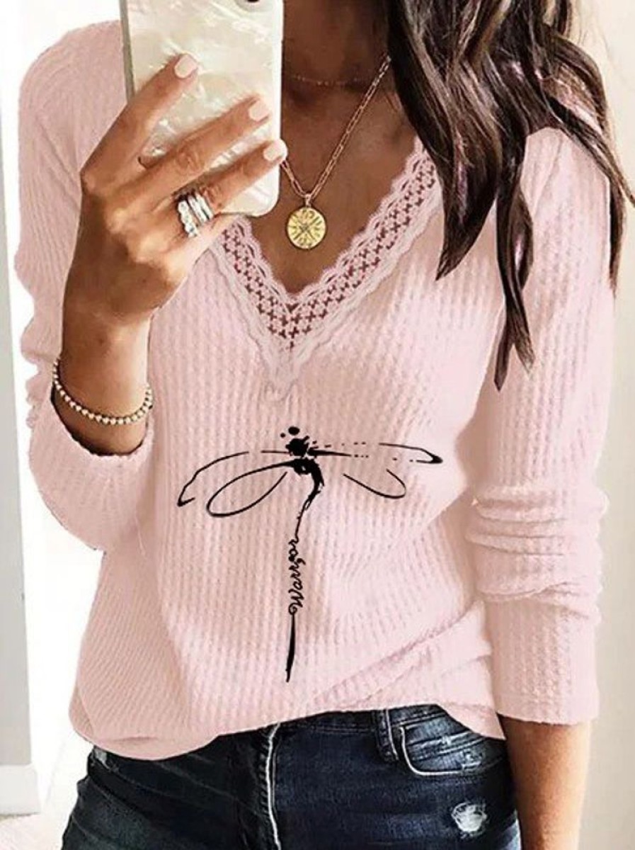 Topshot zolucky | Vintage Dragonfly Printed Long Sleeve Lace V Neck Plus Size Casual Tops Pink