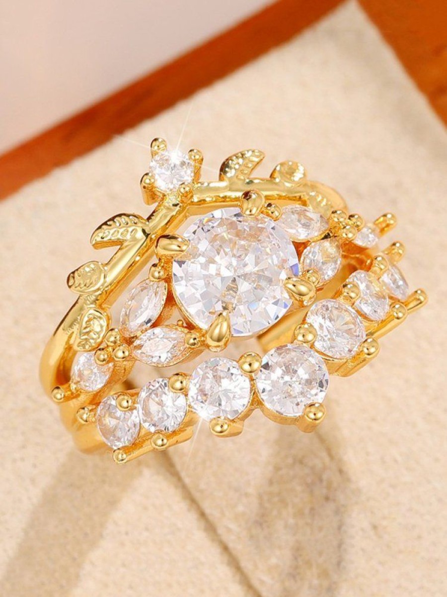 Accessories zolucky | 2Pcs Rhinestone Decor Leaf Crown Shaped Matching Rings Set As Picture