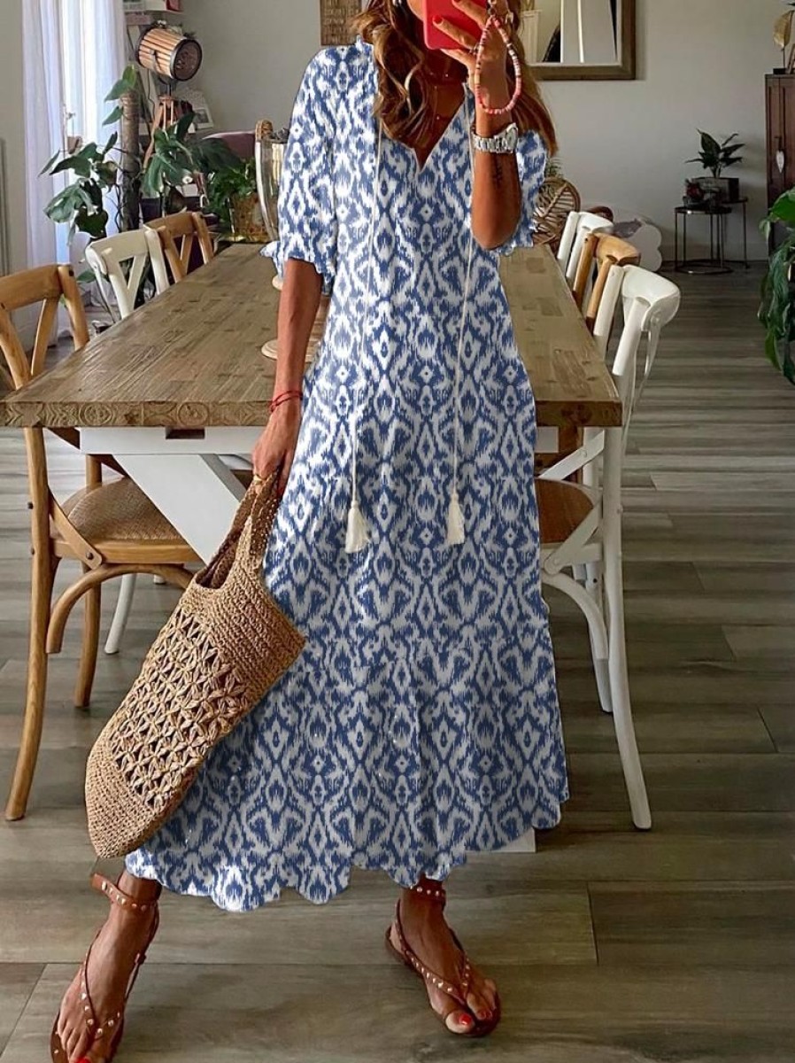 Dresses zolucky | Casual H-Line V Neck Lightweight Geometric Floral Printed Short Sleeve Maxi Dress