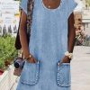 Dresses zolucky | Denim Scoop Neck Plain Casual Dress Blue