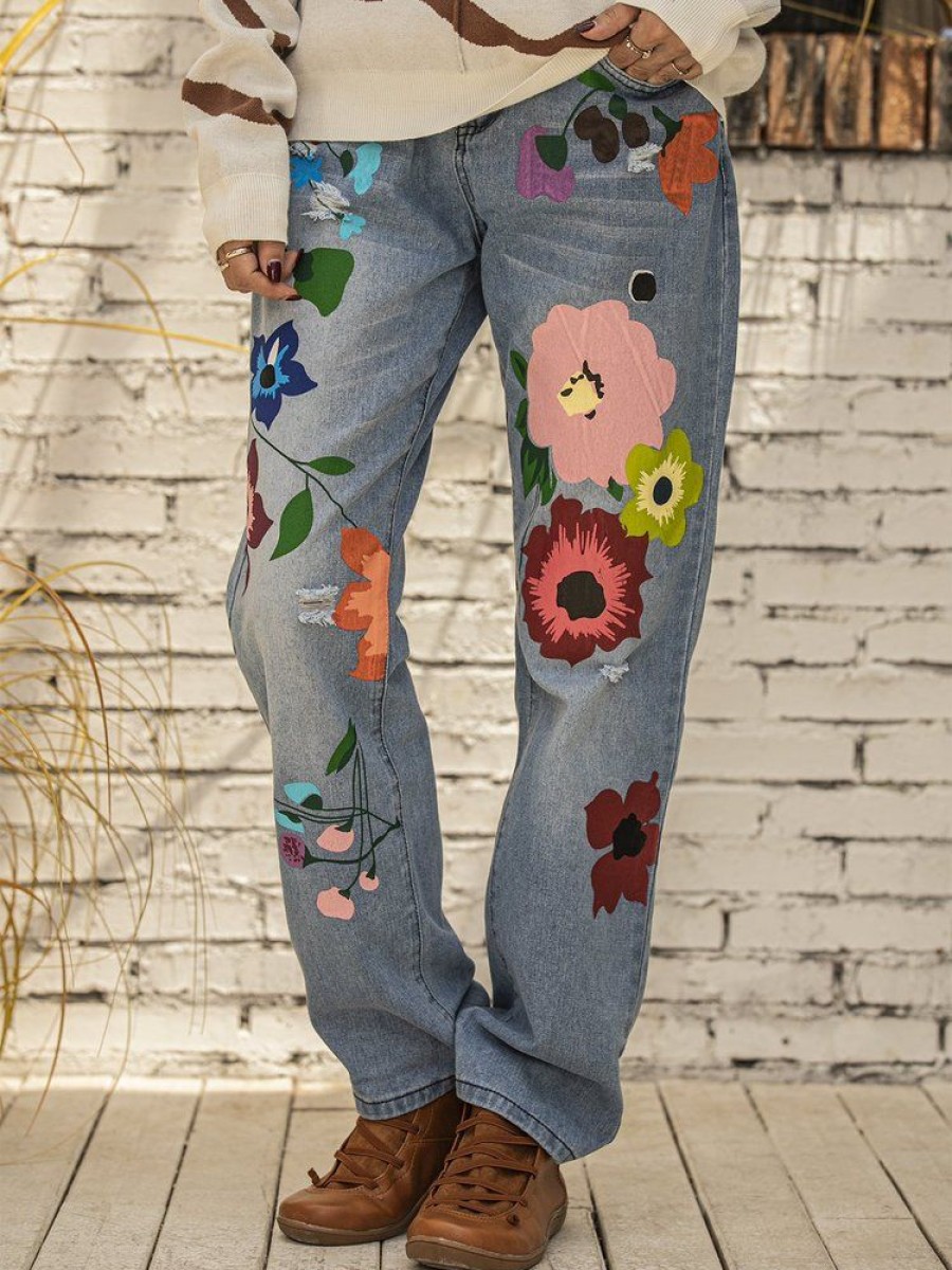 Bottoms zolucky | All Season Denim Floral Casual Jeans