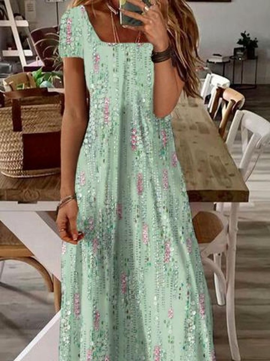 Dresses zolucky | Square Neck Casual Abstract Printed Dress Green