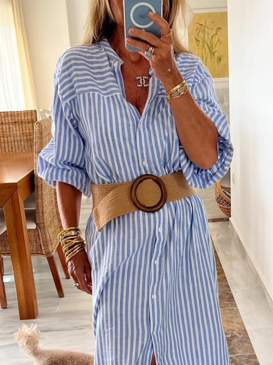 Dresses zolucky | Casual Striped Shirt Dress Blue