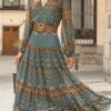 Dresses zolucky | V Neck Chiffon Vacation Ethnic Dress Blue