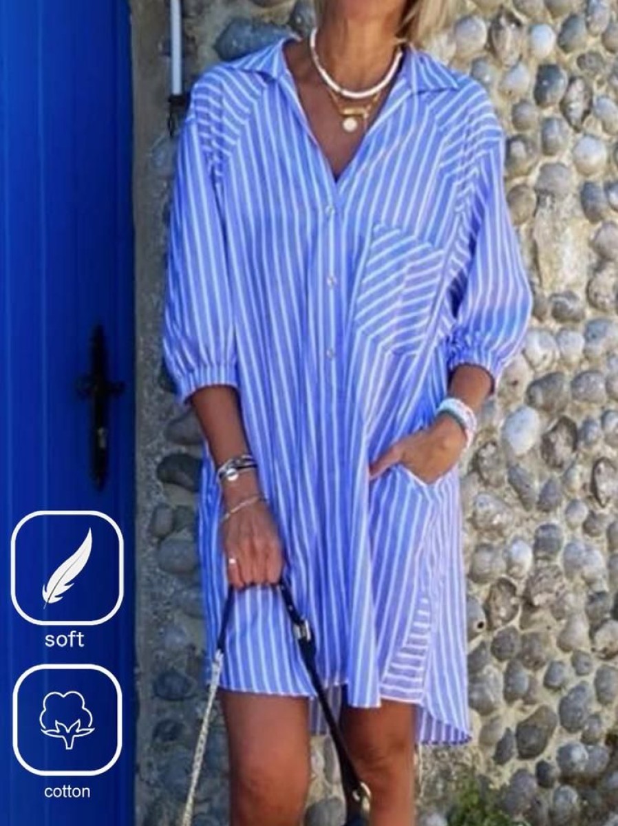 Dresses zolucky | Striped Casual Shirt Dress Blue