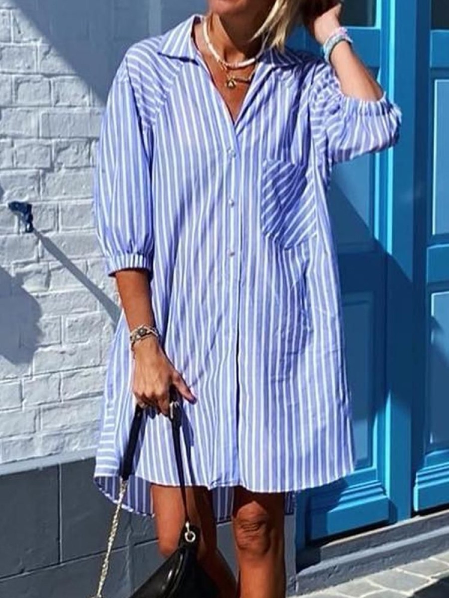 Dresses zolucky | Striped Casual Shirt Dress Blue