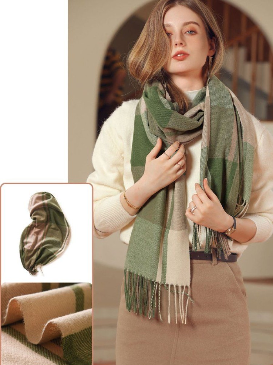 Accessories zolucky | Contrasting Plaid Tassels Faux Cashmere Warm Scarf