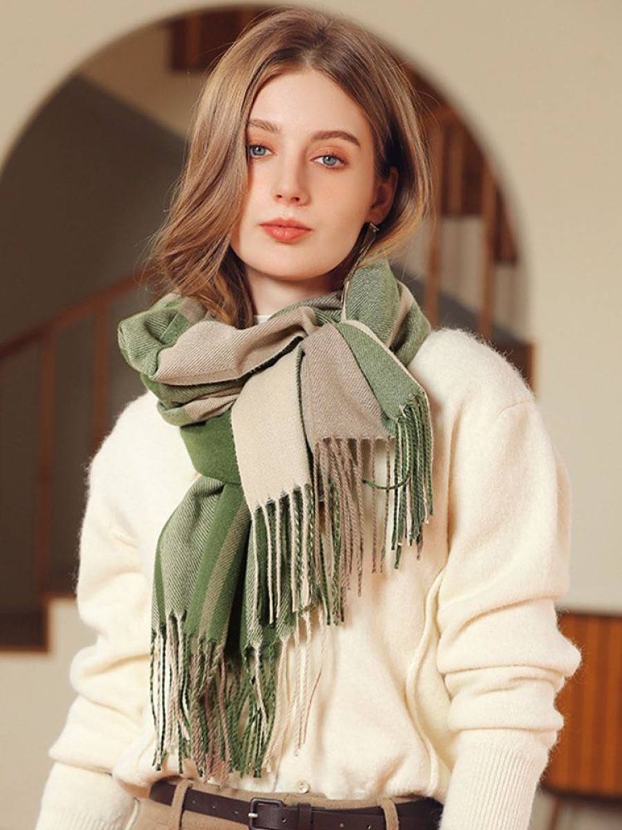 Accessories zolucky | Contrasting Plaid Tassels Faux Cashmere Warm Scarf