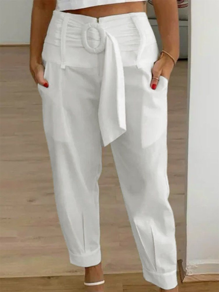 Plus&Curve zolucky | Plus Size Cotton Loose Elegant Plain Pants With Belt White