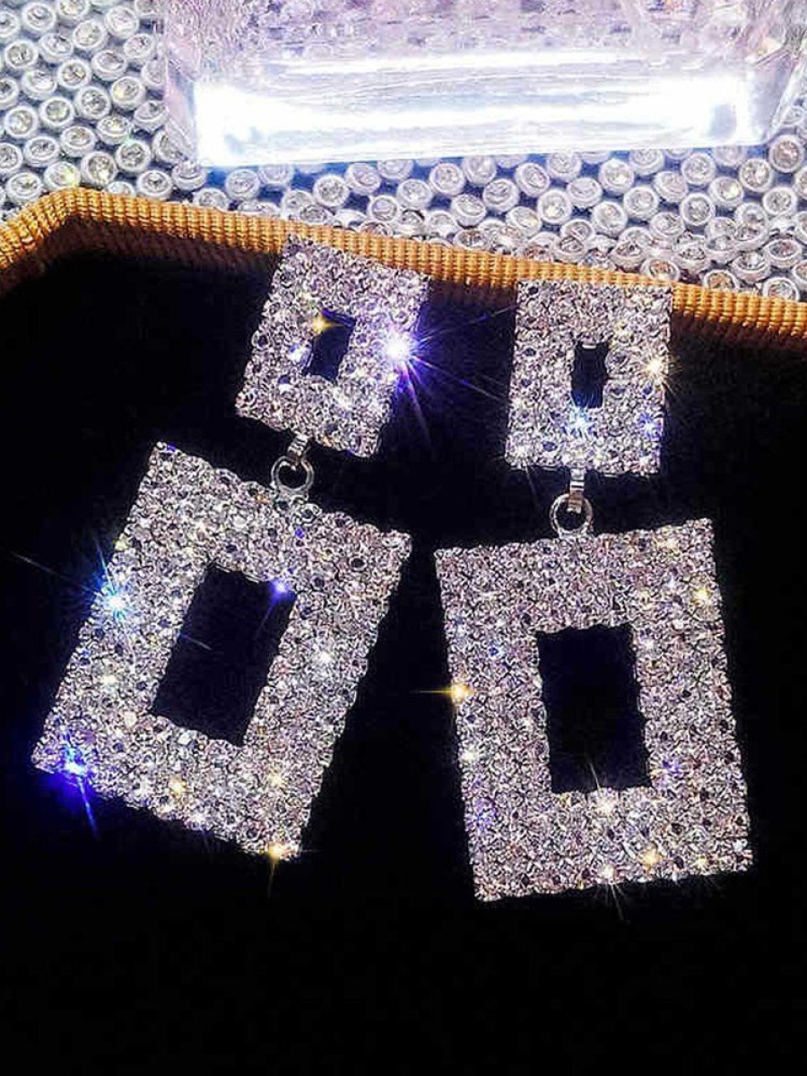 Accessories zolucky | European And American Best-Selling Full-Diamond Square Dangle Earrings, Versatile And Super Flashy Exaggerated Earrings, Party And Banquet Accessories