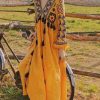 Dresses zolucky | Printed Vintage V Neck Long Sleeve Weaving Dress Yellow