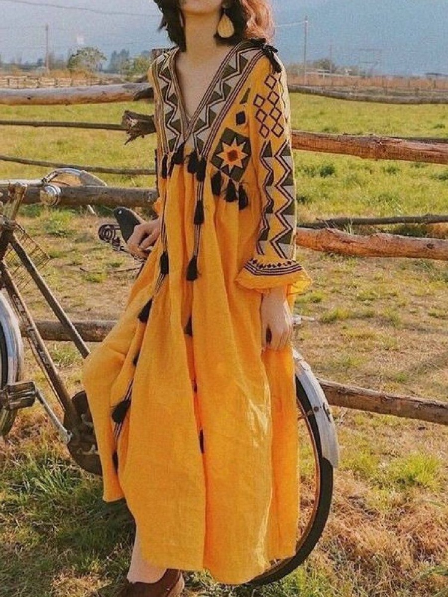 Dresses zolucky | Printed Vintage V Neck Long Sleeve Weaving Dress Yellow