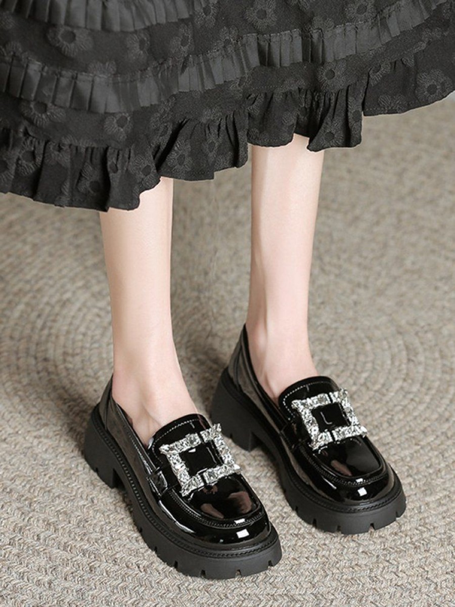 Shoes zolucky | Rhinestone Buckle Patent Leather Thick Bottom Loafers Black