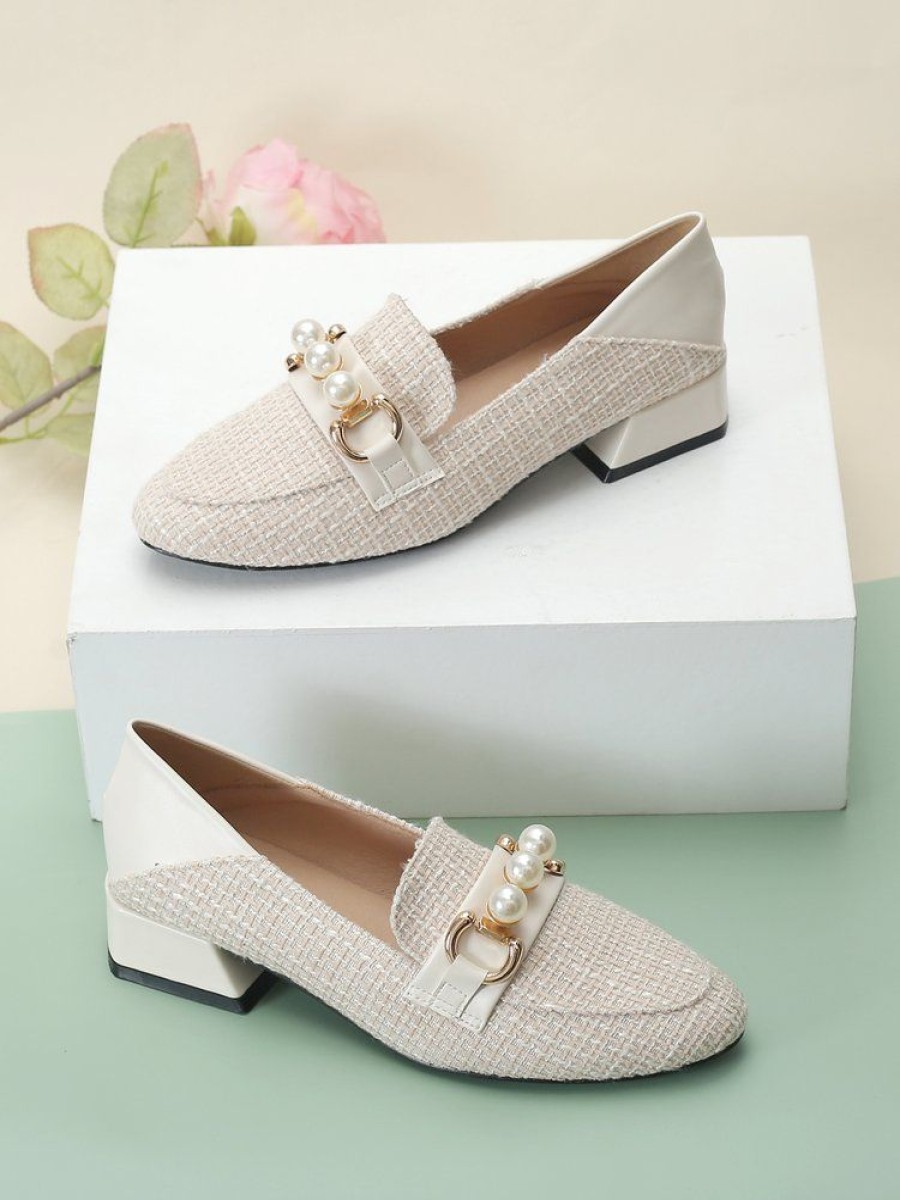 Shoes zolucky | Elegant Linen Paneled Imitation Pearls Low Heel Loafers Apricot