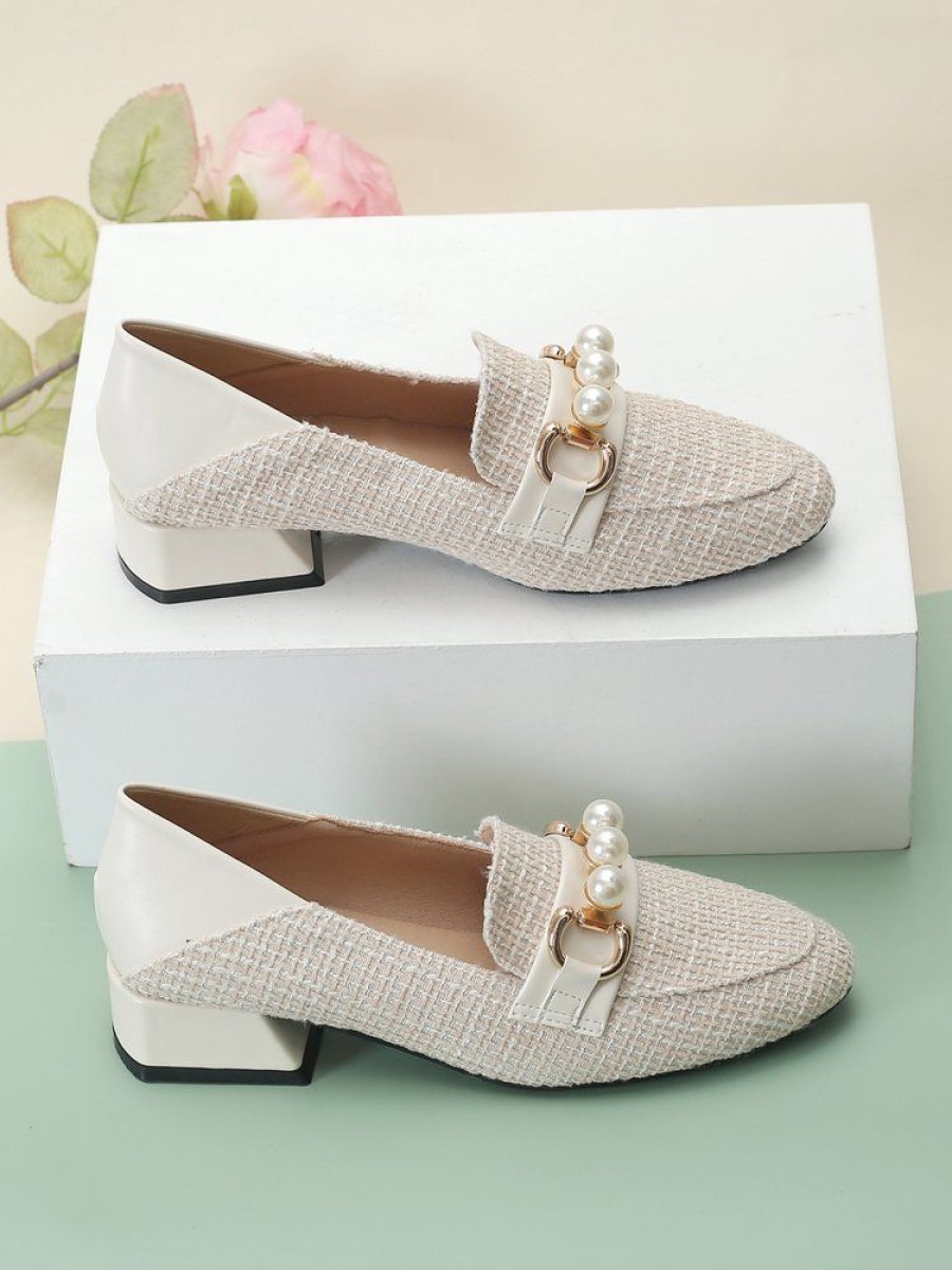 Shoes zolucky | Elegant Linen Paneled Imitation Pearls Low Heel Loafers Apricot