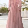 Dresses zolucky | Plain Loose Lace V Neck H-Line Casual Long Sleeve Midi Dress Pink