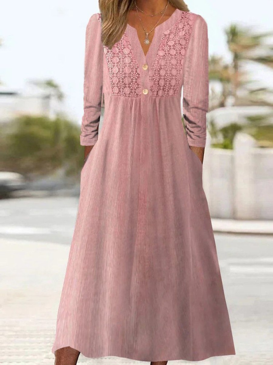 Dresses zolucky | Plain Loose Lace V Neck H-Line Casual Long Sleeve Midi Dress Pink