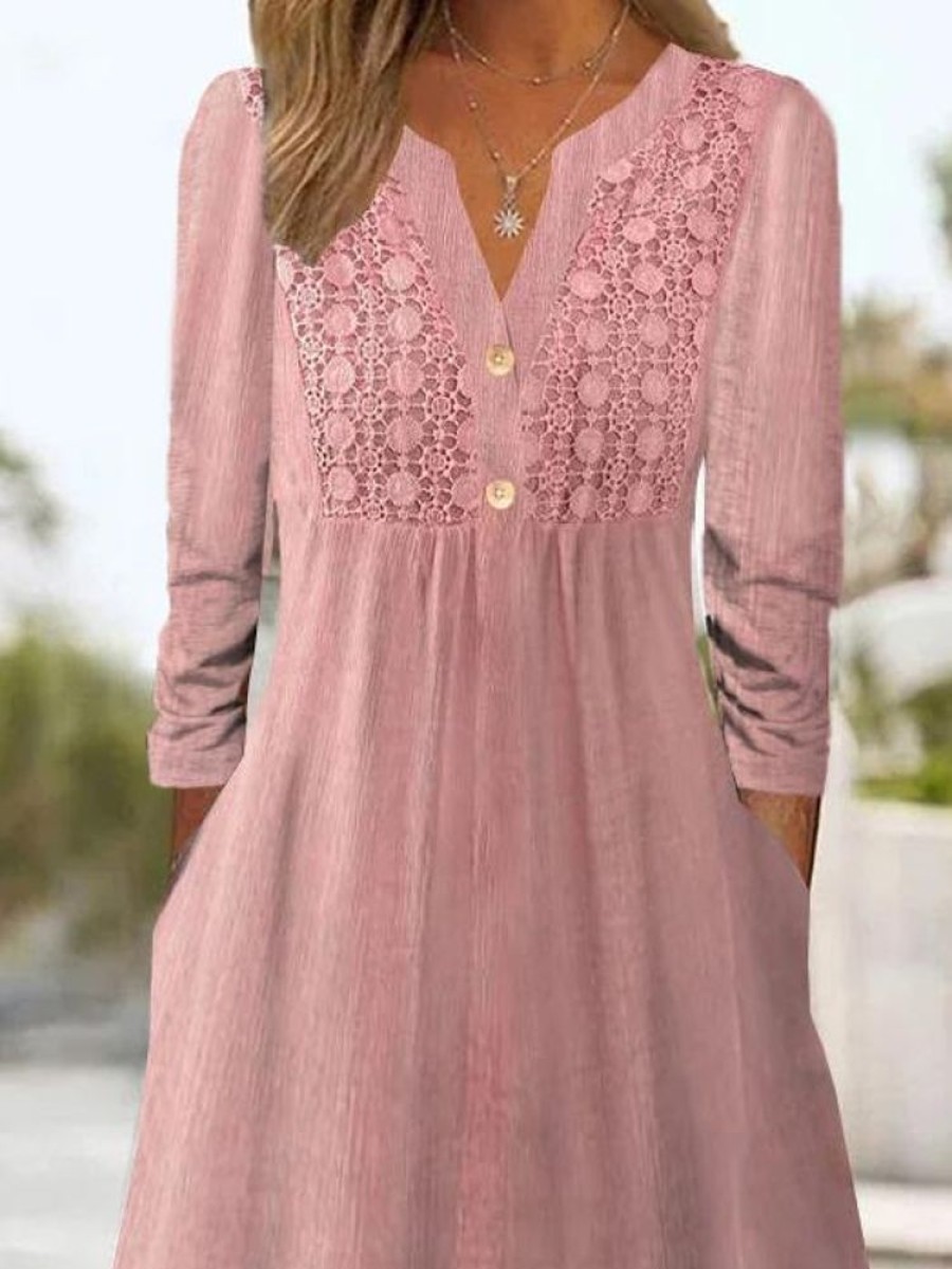 Dresses zolucky | Plain Loose Lace V Neck H-Line Casual Long Sleeve Midi Dress Pink