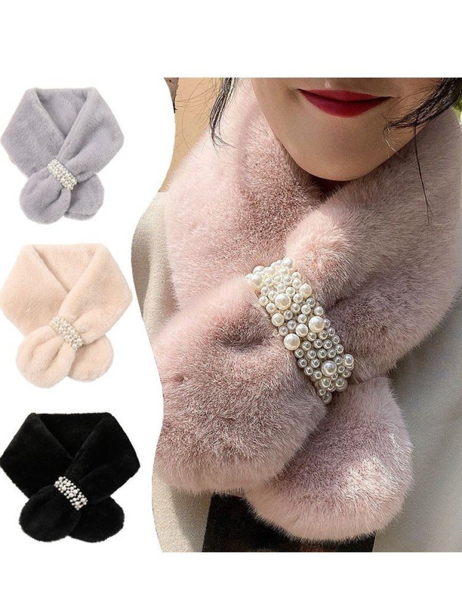 Accessories zolucky | 2023 Winter New Pearl Plush Scarf Women'S Sweet Pearl Button Cross Thickened Seto Fur Warm Scarf