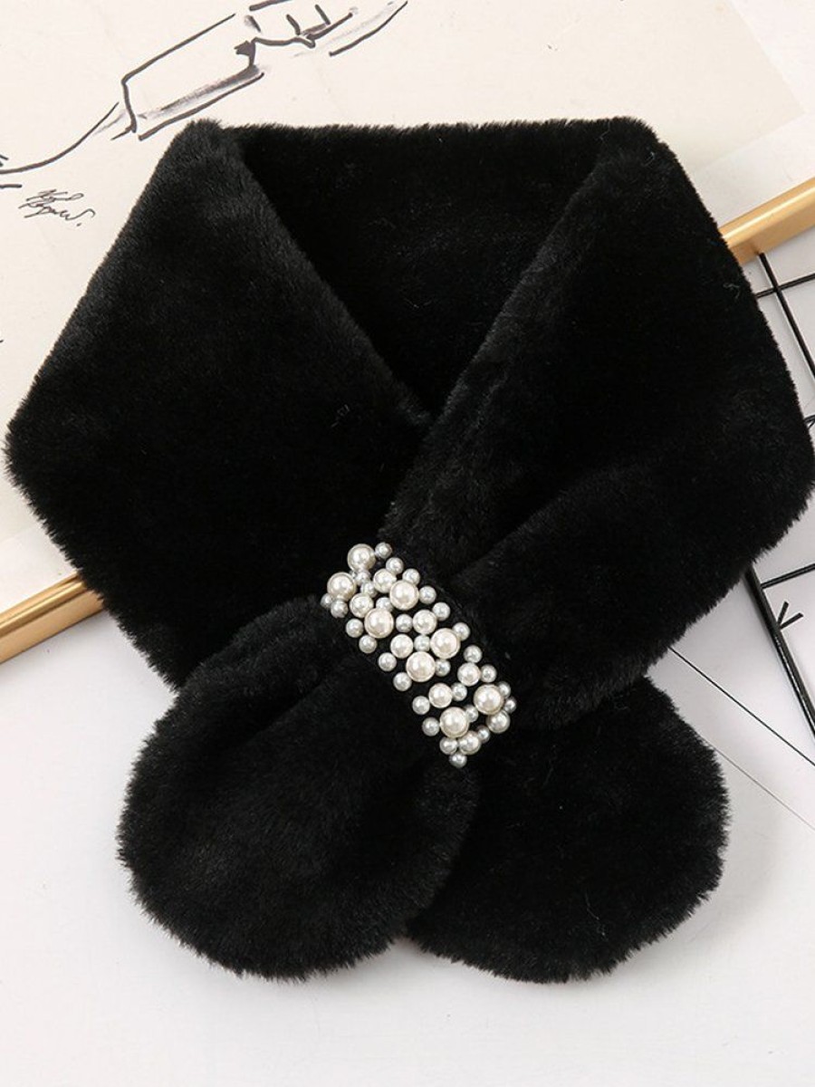 Accessories zolucky | 2023 Winter New Pearl Plush Scarf Women'S Sweet Pearl Button Cross Thickened Seto Fur Warm Scarf