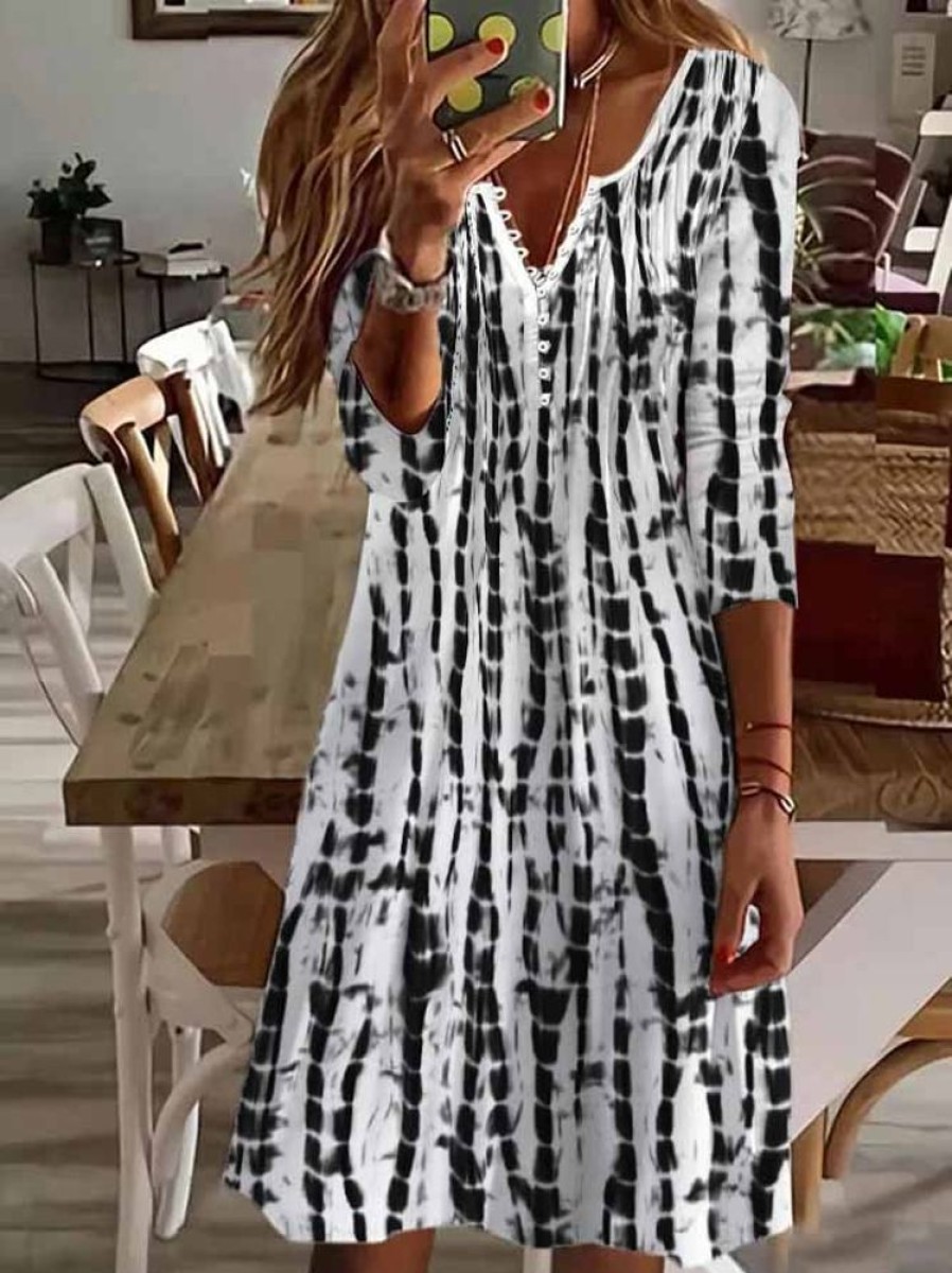 Dresses zolucky | Striped Casual Geometric Regular Fit Long Sleeve Dress Black-White