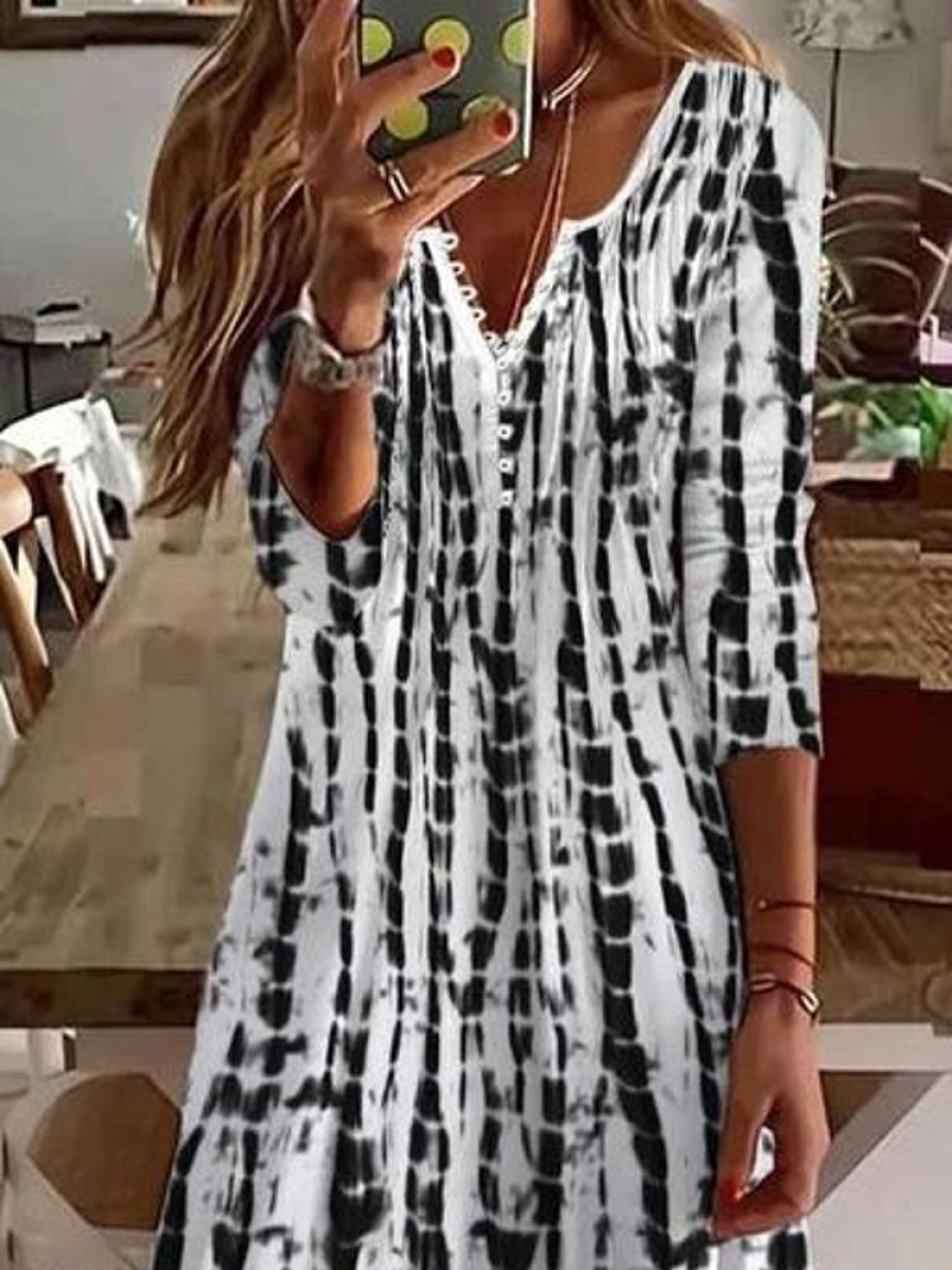 Dresses zolucky | Striped Casual Geometric Regular Fit Long Sleeve Dress Black-White